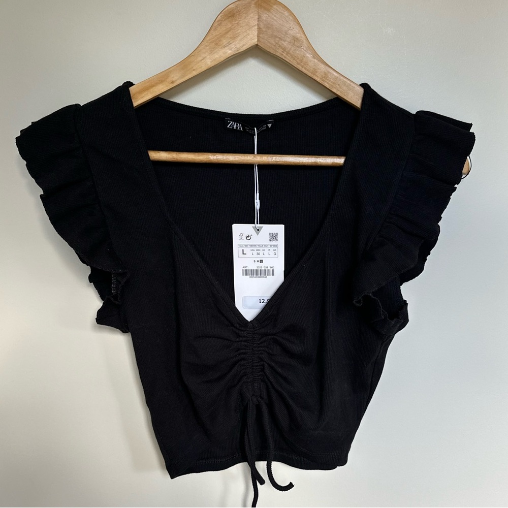 Zara Black Ruffled V-Neck Top